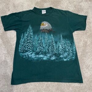 Vintage 90s Bald Eagle Pine Trees Single Stitch Green T Shirt Size L Made In USA